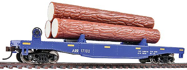 Log Dump Car with 3 Logs - Ready to Run -- Alaska Railroad 17102 (blue, yellow Conspicuity Mark, HO, WalthersTrainline 1770