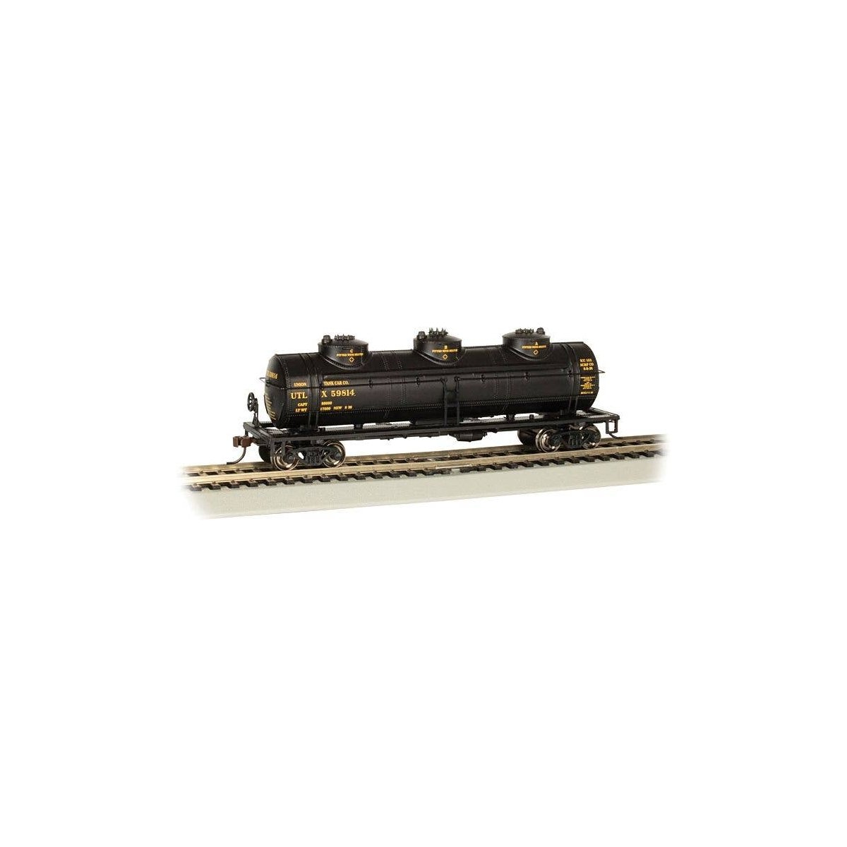 40′ 3-Dome Tank Car - Ready to Run - Silver Series(R) -- Union Tank Line 59814 (black, yellow), HO, Bachmann Industries 17109
