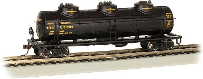 40′ 3-Dome Tank Car - Ready to Run - Silver Series(R) -- Union Tank Line 59814 (black, yellow), HO, Bachmann Industries 17109