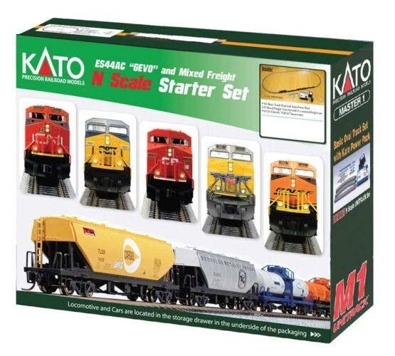 GE ES44AC GEVO Mixed Freight Starter Set -- BNSF Railway (Wedge), 6 Cars Unitrack M1 Basic 4-1/2 x, N, Kato USA Inc 1060024