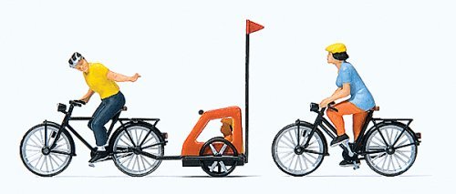 Family Bicycle Ride -- Mother, Father, Toddler, 2 Bikes & Baby Trailer, HO, Preiser Kg 10636