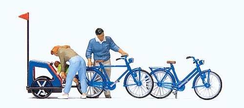 Family Getting Ready for Bicycle Ride -- Mother, Father, Toddler, 2 Bikes & Baby Trailer, HO, Preiser Kg 10635