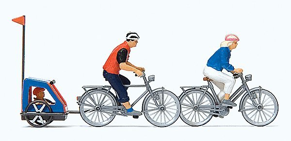 Family on Bicycle Trip -- 2 Riders w/Bikes & Baby Trailer, HO, Preiser Kg 10638
