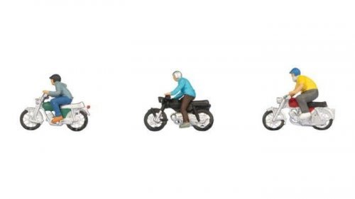 Moped Riders -- 3 People with Mopeds, HO, NOCH 15907