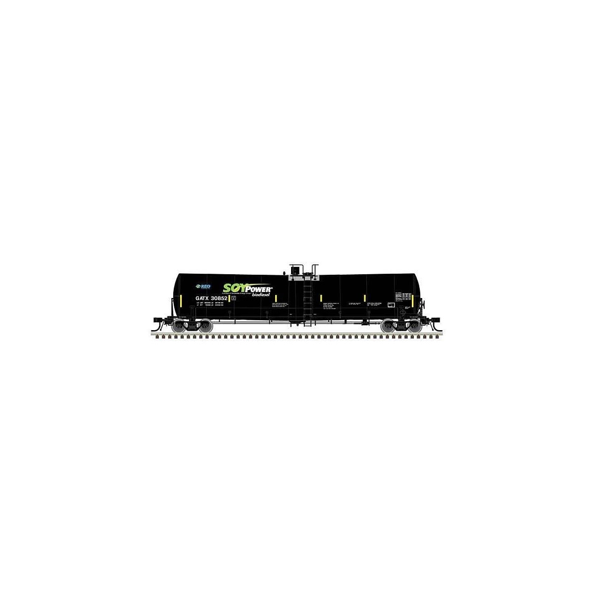 Trinity 25,500-Gallon Tank Car - Ready to Run -- Soy Power Bio Fuels GATX 30836 (black, blue, green, white), N, Atlas Model Rail