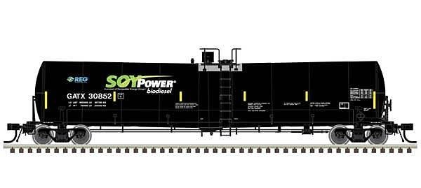 Trinity 25,500-Gallon Tank Car - Ready to Run -- Soy Power Bio Fuels GATX 30836 (black, blue, green, white), N, Atlas Model Rail