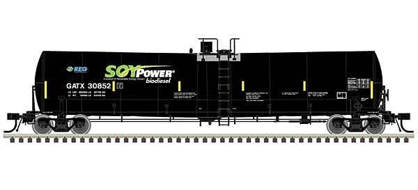 Trinity 25,500-Gallon Tank Car - Ready to Run -- Soy Power Bio Fuels GATX 30831 (black, blue, green, white), N, Atlas Model Rail