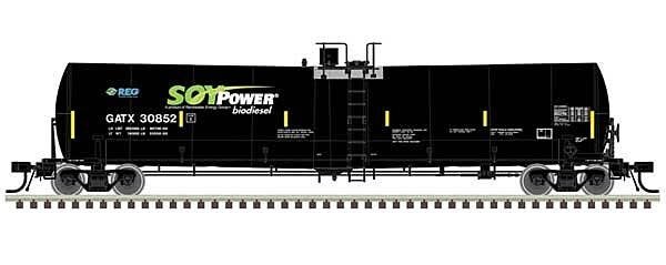 Trinity 25,500-Gallon Tank Car - Ready to Run -- Soy Power Bio Fuels GATX 30829 (black, blue, green, white), N, Atlas Model Rail