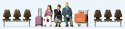 Waiting Travelers 2 -- 3 Figures, Luggage Cart, 3 Seat Rows, HO, Preiser Kg 10661