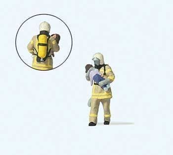 Modern Firefighter Saving Child Individual Figure -- Beige Uniform, HO, Preiser Kg 28252