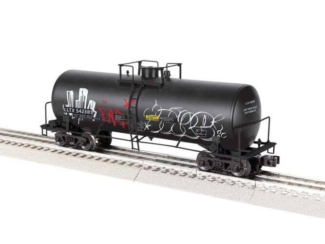 ACF 40′ Frameless Tank Car - 3-Rail - Ready to Run -- LLTX 542381 (Weathered, black, graffiti), O, Lionel 2542381