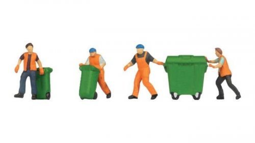 Garbage/Refuse Collectors -- 4 Figures, 3 Bins, HO, NOCH 15027