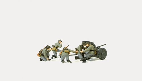 Former German Army WWII Artillery PAK L/45 3.7cm Anti-Tank Gun -- In Action w/Gun Crew, HO, Preiser Kg 16591