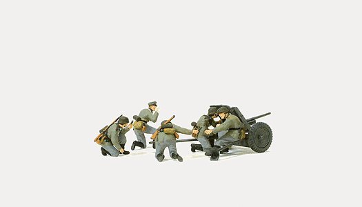 Former German Army WWII Artillery PAK L/45 3.7cm Anti-Tank Gun -- In Action w/Gun Crew, HO, Preiser Kg 16591