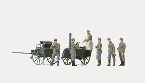 Former German Army WWII - Unpainted Figures -- Joining The Chow Line Field Kitchen w/6 Figures, HO, Preiser Kg 16594