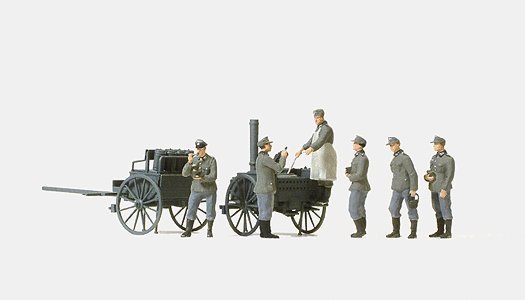 Former German Army WWII - Unpainted Figures -- Joining The Chow Line Field Kitchen w/6 Figures, HO, Preiser Kg 16594