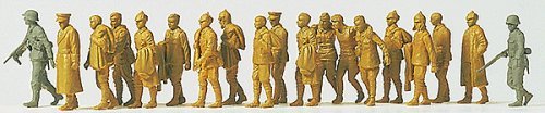 Military - Former German Army WWII - Unpainted Figure Set -- 2 Guards Escorting 17 Russian Prisoners, HO, Preiser Kg 16577