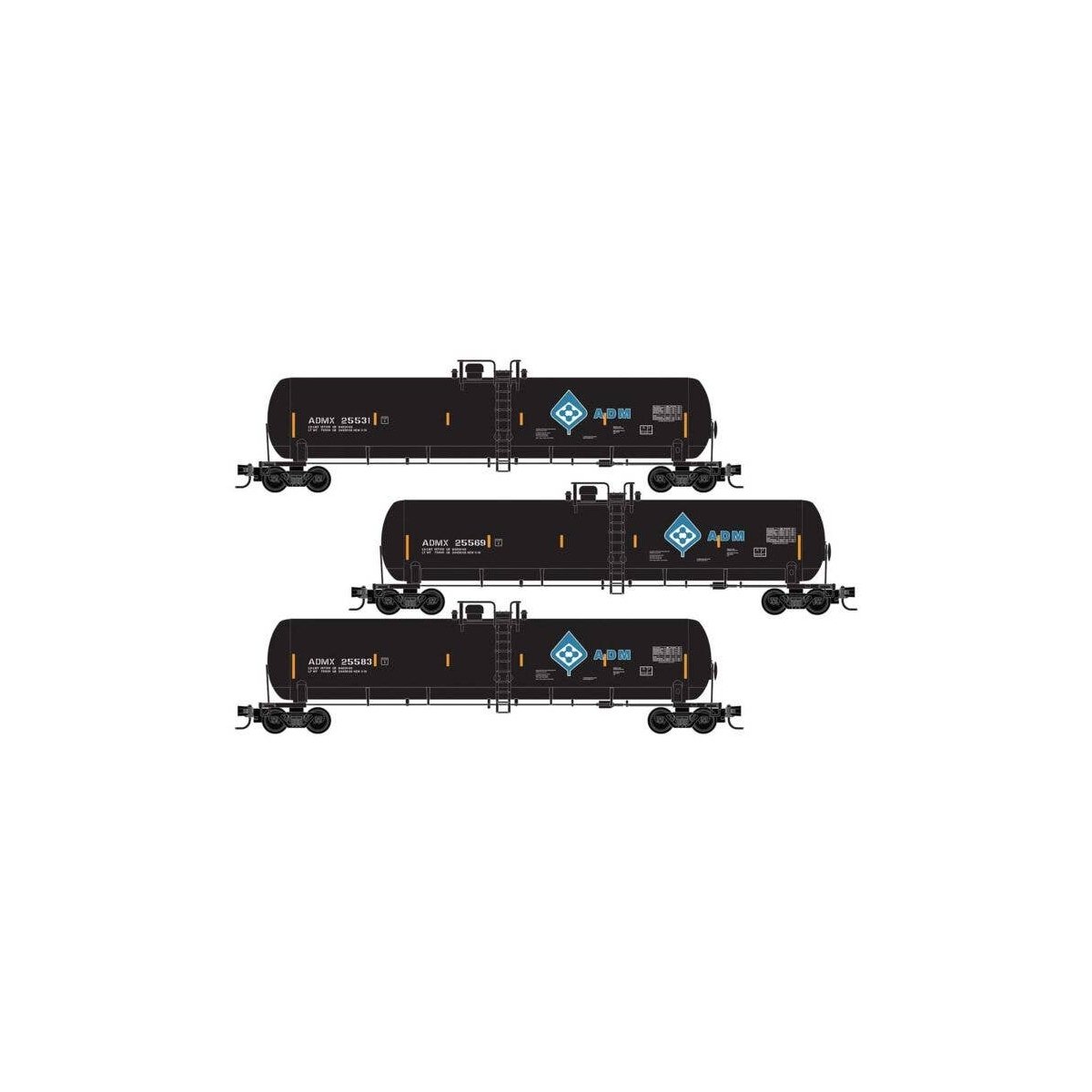 56′ General-Service Tank Car 3-Pack - Ready to Run -- Archer-Daniels-Midland ADMX 25583, 25569, 25531 (black, blue, Molecule L