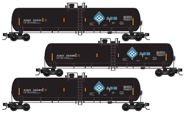 56′ General-Service Tank Car 3-Pack - Ready to Run -- Archer-Daniels-Midland ADMX 25583, 25569, 25531 (black, blue, Molecule L