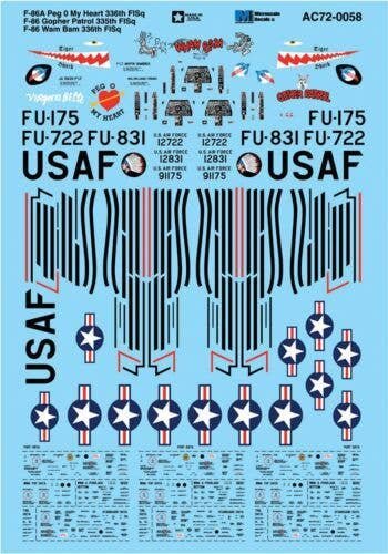 Military Aircraft Decal Set -- F-86A Peg 0 My Heart 336th F-86 Gopher 335th F-86 , 1/72, Microscale Industries Inc AC720058