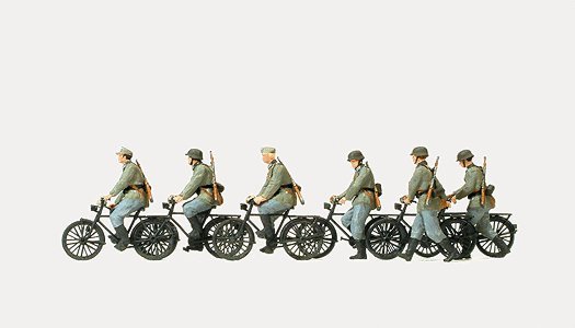 Former German Army WWII - Unpainted Figures -- Bicycle Unit Cycling & Walking, 6 Figures & 6 Bicycles, HO, Preiser Kg 16596