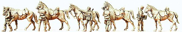 Former German Army WWII Unpainted Figures -- Standing Cavalrymen w/Horses 1939-45 (5 Men, 5 Horses), HO, Preiser Kg 16607