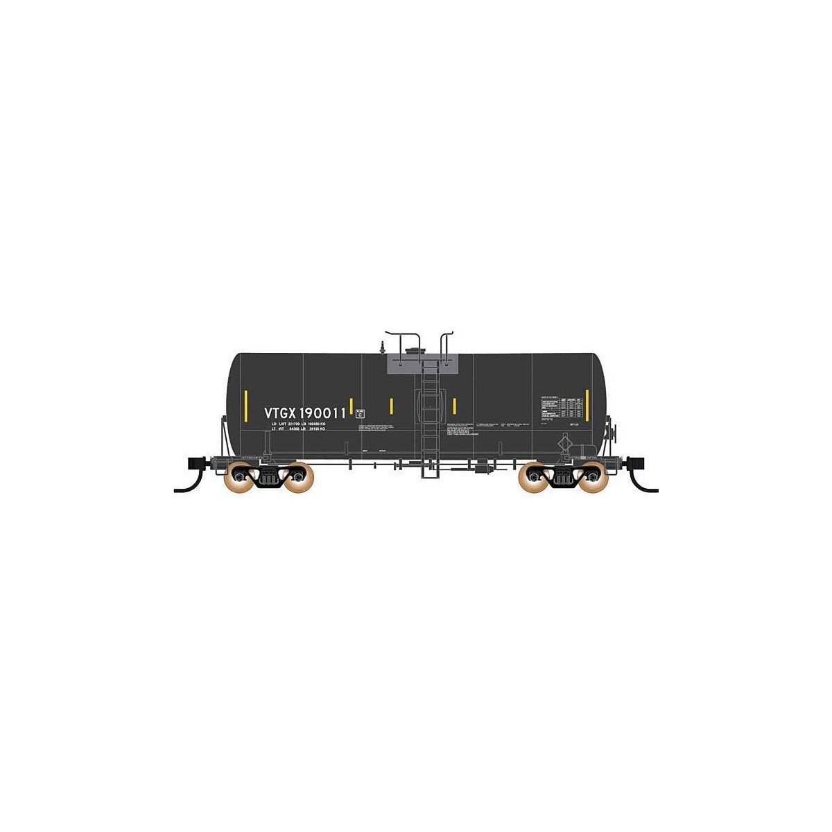 Trinity 19,600-Gallon Tank Car - Ready to Run -- VTGX (Post 2005, black, yellow), HO, Intermountain Railway Company 47827