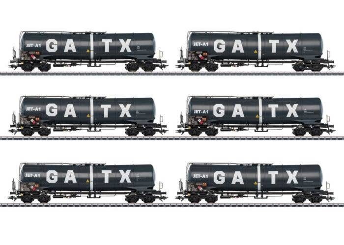 Type Zans 25,096-Gallon Four-Axle Tank Car 6-Pack - 3-Rail - Ready to Run -- GATX Rail Germany (Era VI 2017, black, white), HO, 