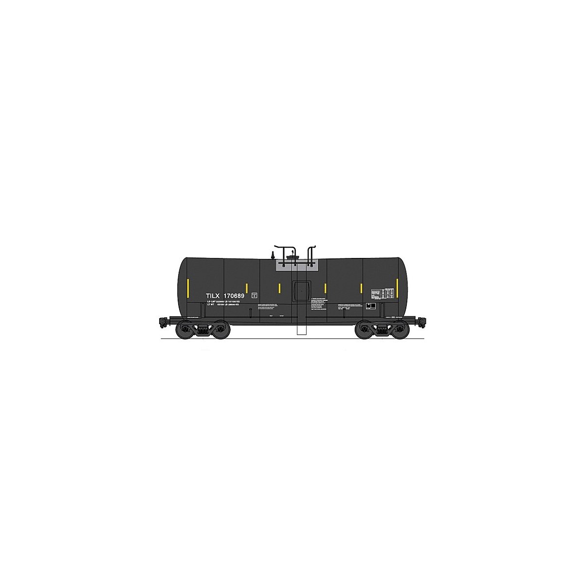 Trinity 19,600-Gallon Tank Car - Ready to Run -- Trinity Industries TILX (black, gray, white, yellow Conspicuity Markings), HO, 
