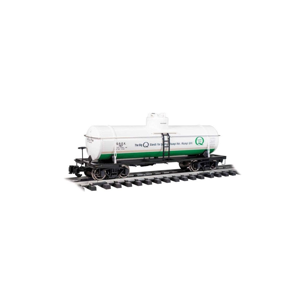 Single-Dome Tank Car - Ready to Run -- Quaker State 767 (white, green, yellow), G, Bachmann Industries 95004
