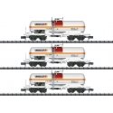 4-Axle Tank Car 3-Pack - Ready to Run - Minitrix -- Millet (Era VI 2024, white, orange, red), N, Trix 18266