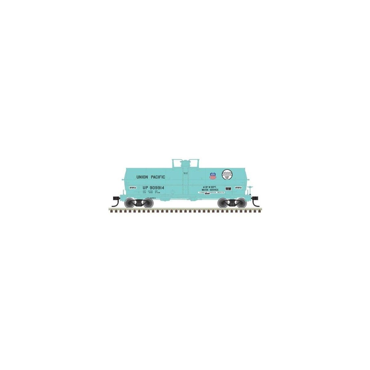 11,000-Gallon Tank Car w/Platform - Ready to Run - Master(R) -- Union Pacific 909949 (MOW green, red, white, blue), HO, Atlas Mo