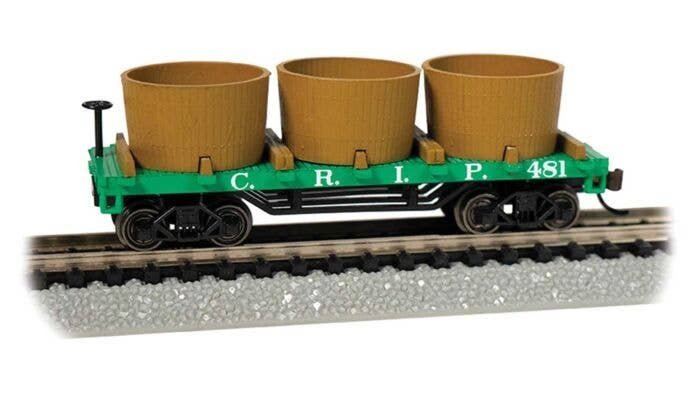Old-Time Wood Tank Car with 3 Tanks - Ready to Run -- Rock Island (green), N, Bachmann Industries 15556
