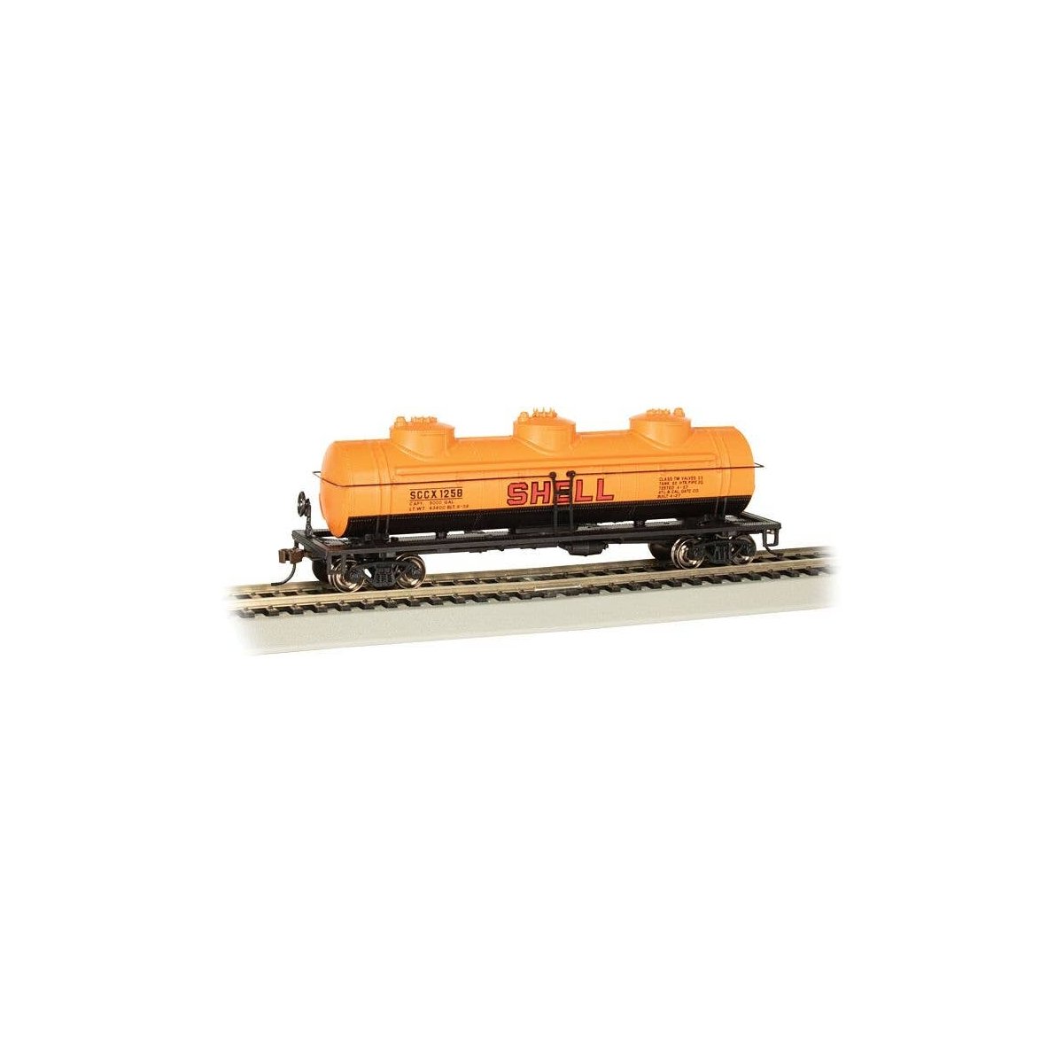 40′ 3-Dome Tank Car - Ready to Run - Silver Series(R) -- Shell 1258 (orange, black, red), HO, Bachmann Industries 17107