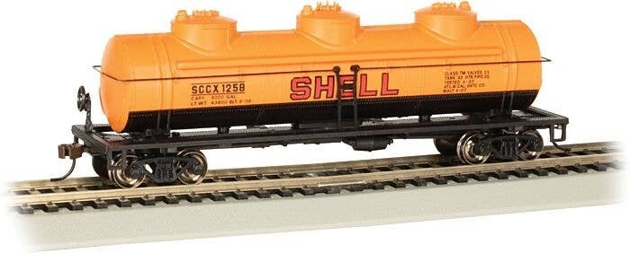 40′ 3-Dome Tank Car - Ready to Run - Silver Series(R) -- Shell 1258 (orange, black, red), HO, Bachmann Industries 17107