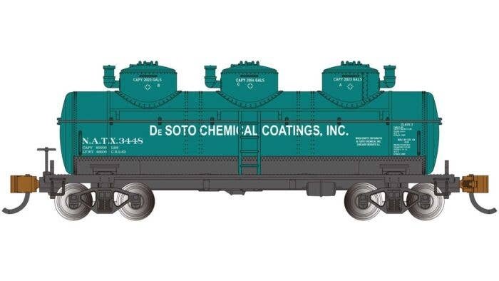 3-Dome Tank Car - Ready to Run - Silver Series(R) -- DeSoto Chemical Coatings 3448 (green, black, white), N, Bachmann Industries