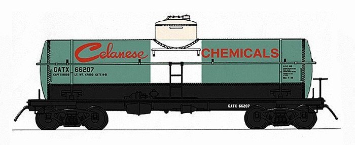 ACF Type 27 Riveted 8000-Gallon Tank Car - Ready to Run - Famous Image Collect -- Celanese Chemicals (green, white, black, red),