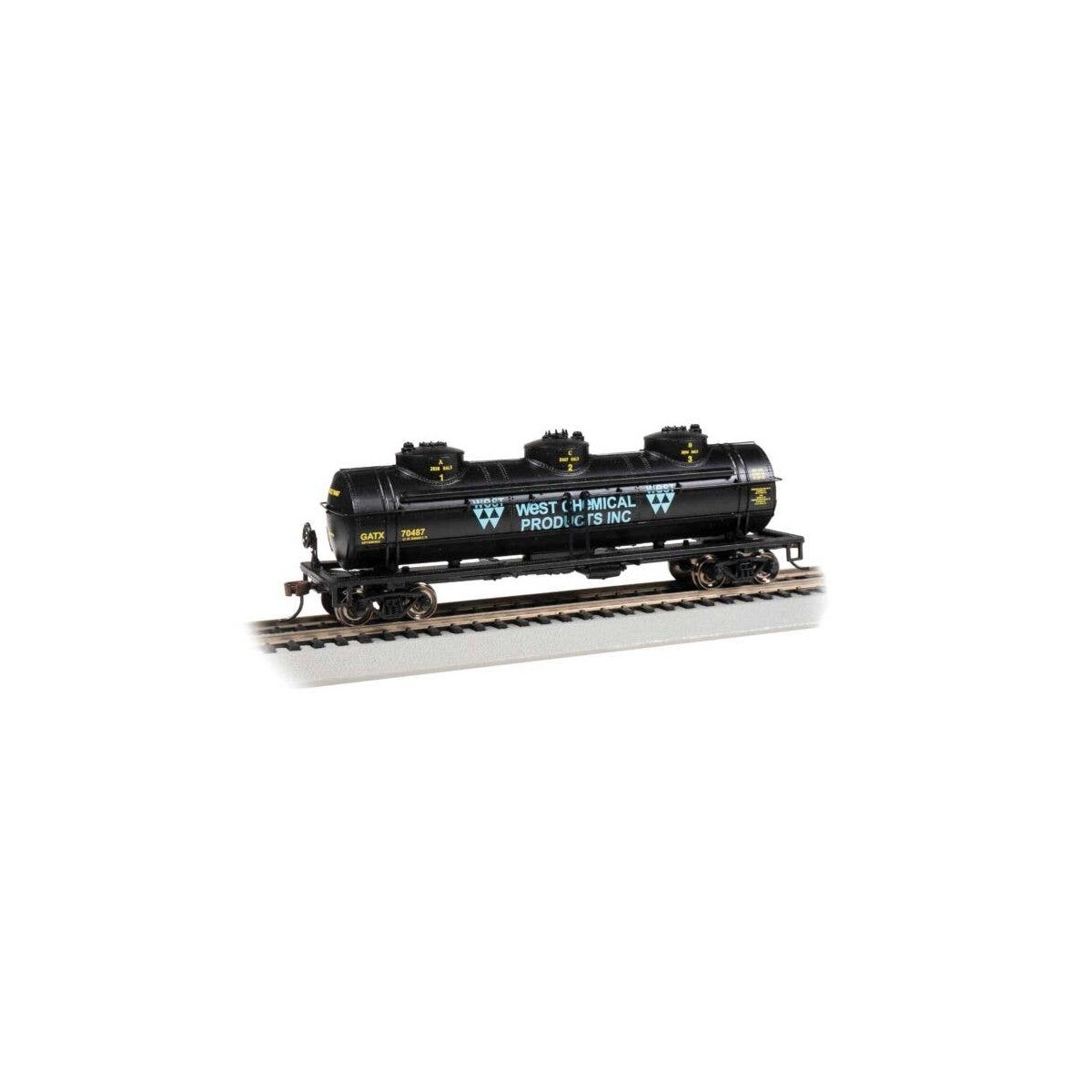 40′ 3-Dome Tank Car - Ready to Run - Silver Series(R) -- West Chemical Products GATX 70487 (black, white, yellow), HO, Bachman