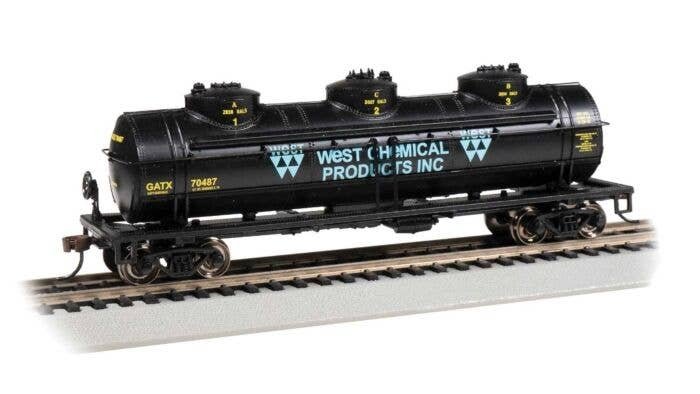 40′ 3-Dome Tank Car - Ready to Run - Silver Series(R) -- West Chemical Products GATX 70487 (black, white, yellow), HO, Bachman