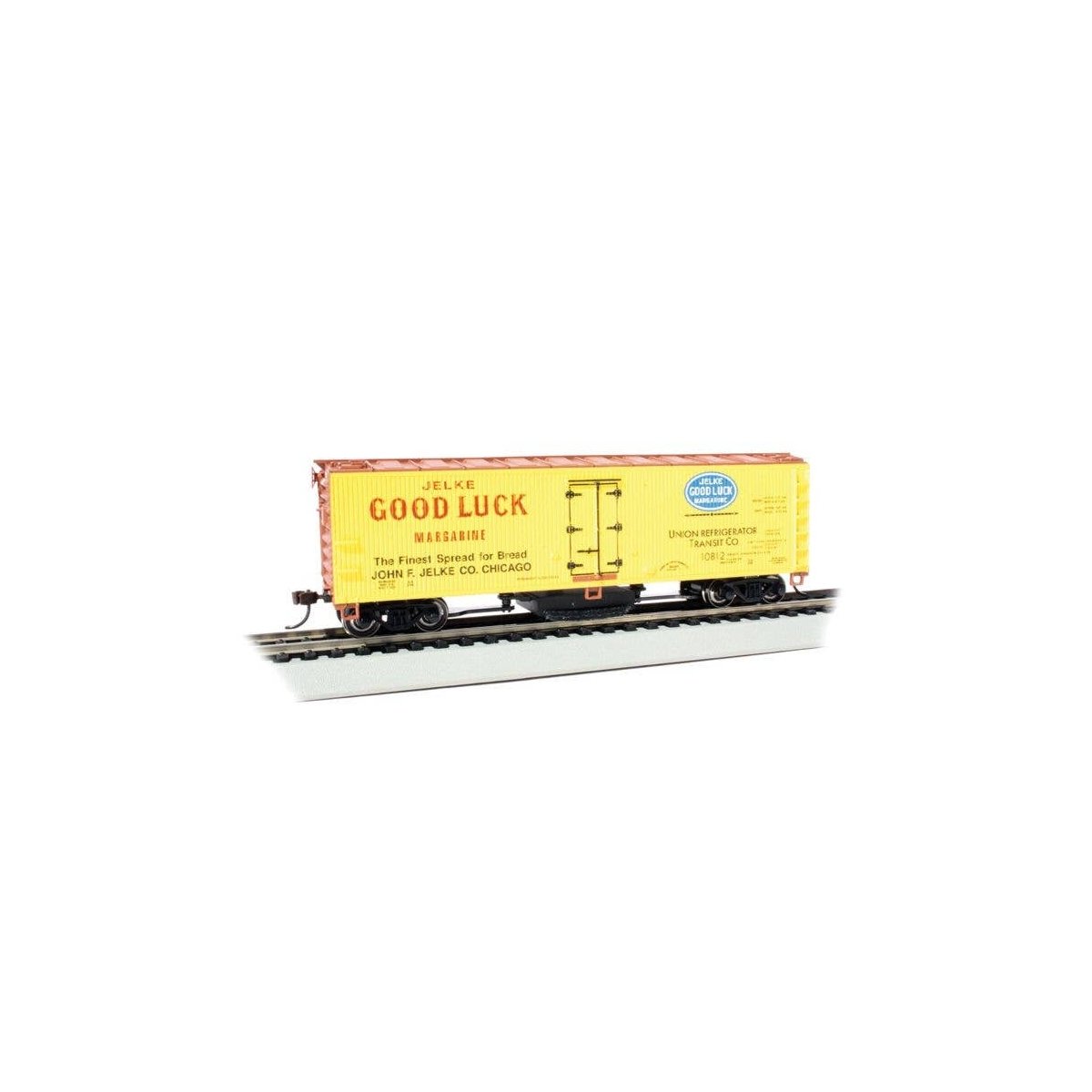 Track Cleaning 40′ Wood Reefer with Removable Dry Pad - Ready to Run -- Jelke Good Luck Margarine URTX 10812, HO, Bachmann Ind