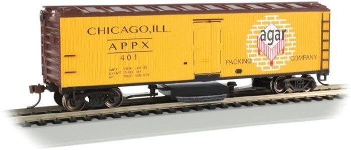 Track Cleaning 40′ Wood Reefer with Removable Dry Pad - Ready to Run -- Agar Packing Co. 401 (yellow, red, white), HO, Bachman