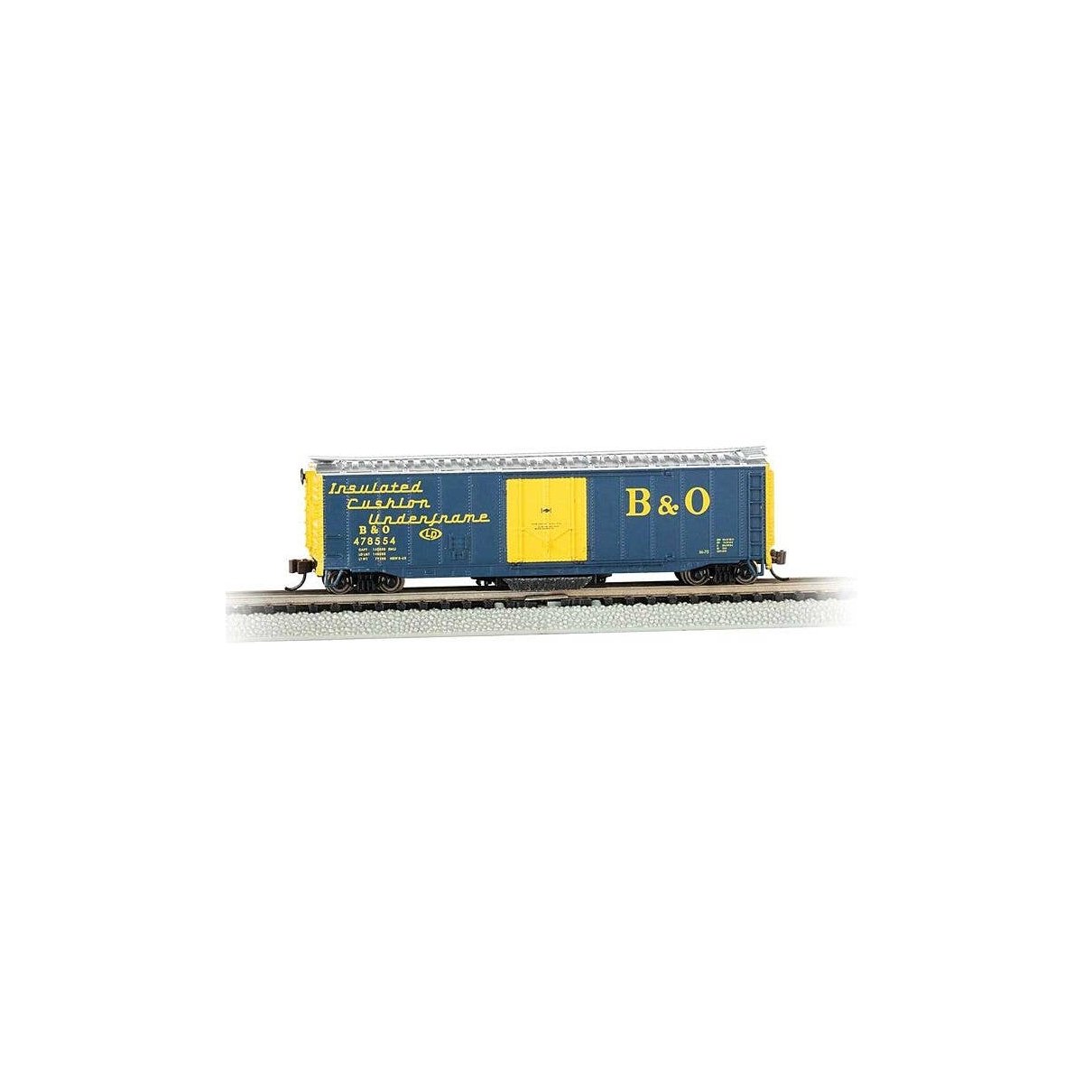 Track Cleaning 50′ Plug-Door Boxcar - Ready to Run -- Baltimore & Ohio 478554 (blue, yellow Cushion Underframe Markings), N, B