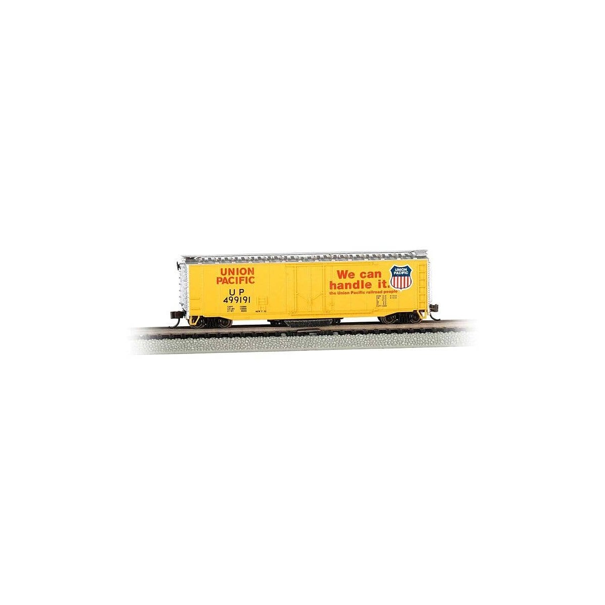 Track Cleaning 50` Plug-Door Boxcar - Ready to Run -- Union Pacific 499191 (Armour Yellow, red, silver `We Can Handle It` Slog, 