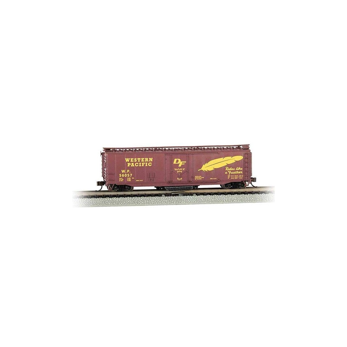 Track Cleaning 50` Plug-Door Boxcar - Ready to Run -- Western Pacific 56057 (Boxcar Red, yellow `Rides like a Feather` Slogan), 