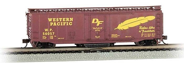 Track Cleaning 50` Plug-Door Boxcar - Ready to Run -- Western Pacific 56057 (Boxcar Red, yellow `Rides like a Feather` Slogan), 