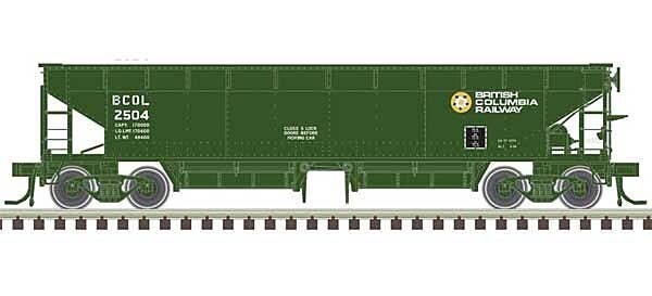 70-Ton Hart Ballast Car 3-Pack - Ready to Run - Master(R) -- British Columbia Railway 2507, 2510, 2520 (green, white), HO, Atlas