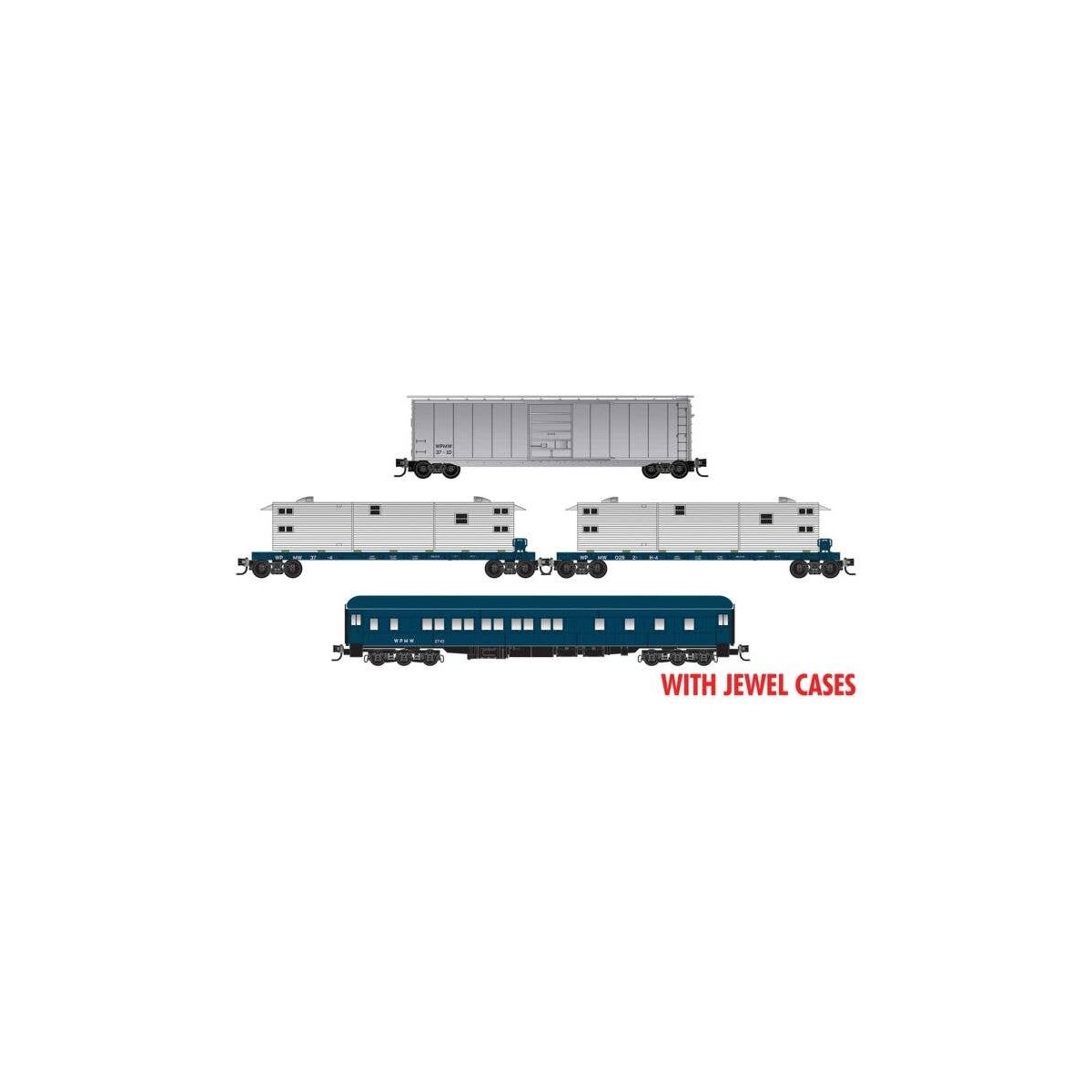 Work Train Set w/50` Box, Heavyweight Sleeper, 2 50` Flats - RTR -- Western Pacific WPMW 27-10, 37-4, 28-2, 37-10 (with Multimed