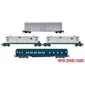 Work Train Set w/50` Box, Heavyweight Sleeper, 2 50` Flats - RTR -- Western Pacific WPMW 27-10, 37-4, 28-2, 37-10 (with Multimed