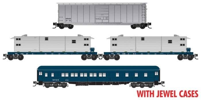 Work Train Set w/50` Box, Heavyweight Sleeper, 2 50` Flats - RTR -- Western Pacific WPMW 27-10, 37-4, 28-2, 37-10 (with Multimed