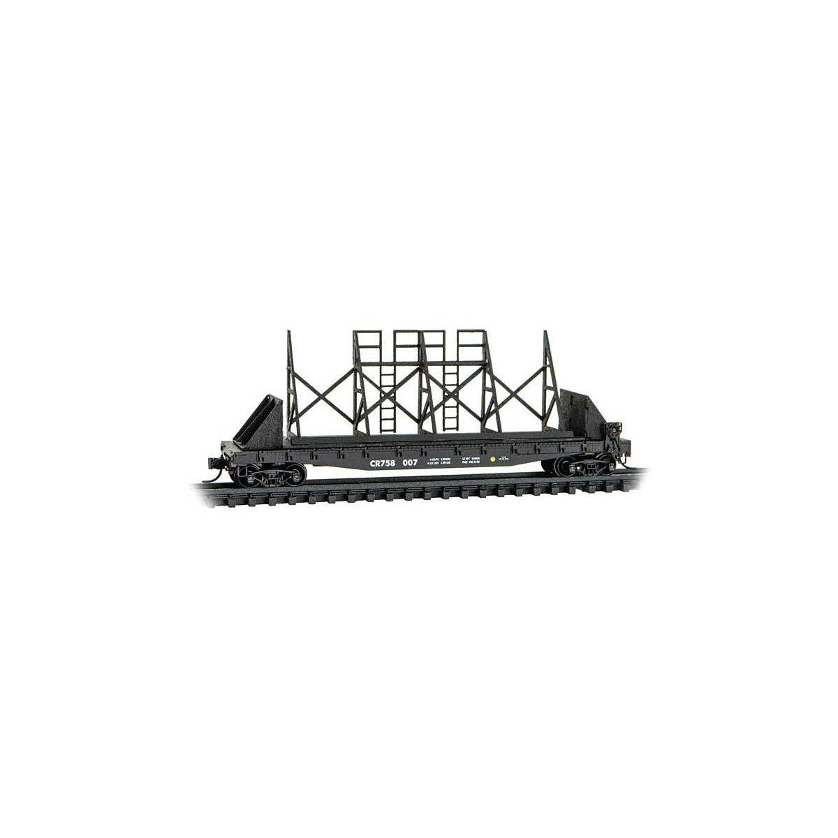 50′ Fishbelly-Side Flatcar with Panel Track Support Frame Kit - Ready to Run -- Conrail 758007 (black), N, Micro Trains Line 4